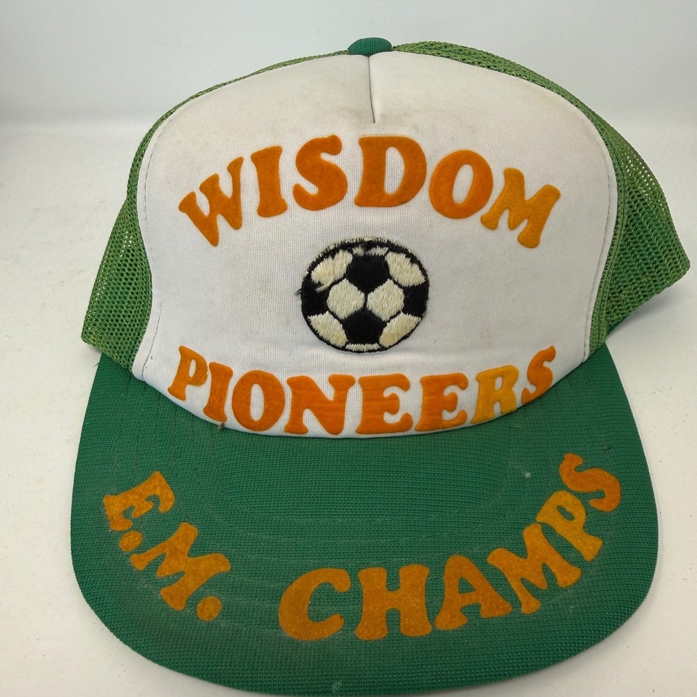 Vintage Yupoong Wisdom Pioneers Soccer E.M. Champs Trucker Hat St Agatha Maine